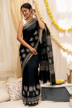 Teejh Chandini Raat Black Block Print Chanderi Silk Saree