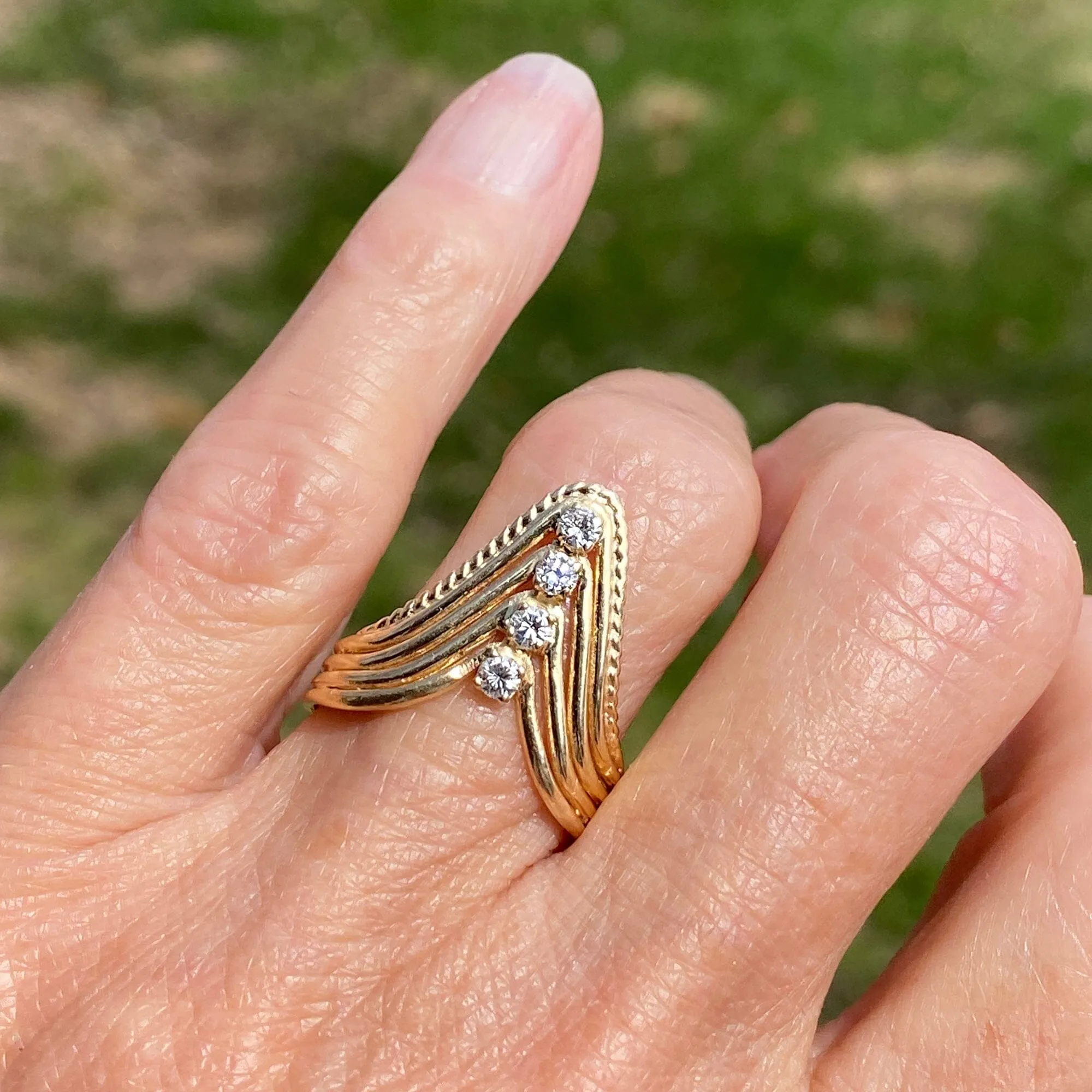 14K Gold Four Row Diamond Chevron Cocktail Ring