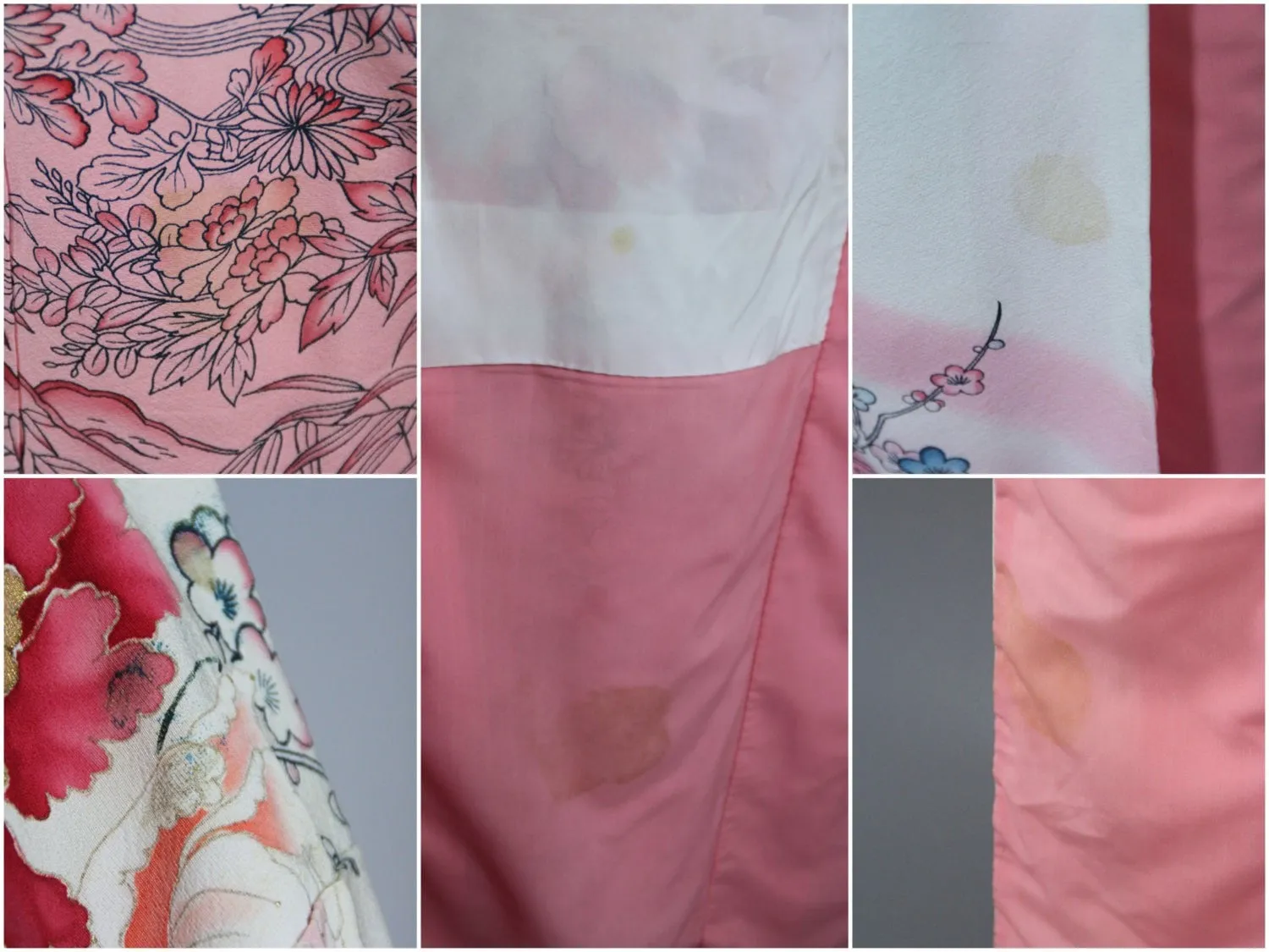 1950s Vintage Silk Kimono Robe with Ombre Pink & White Peony Floral Print