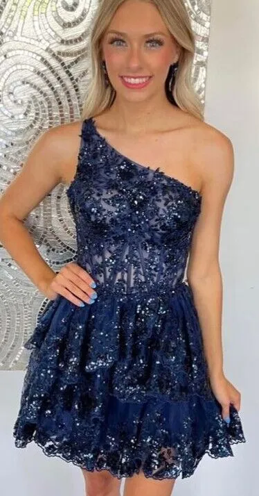 2023 One Shoulder Lace Homecoming Dresses PC1125