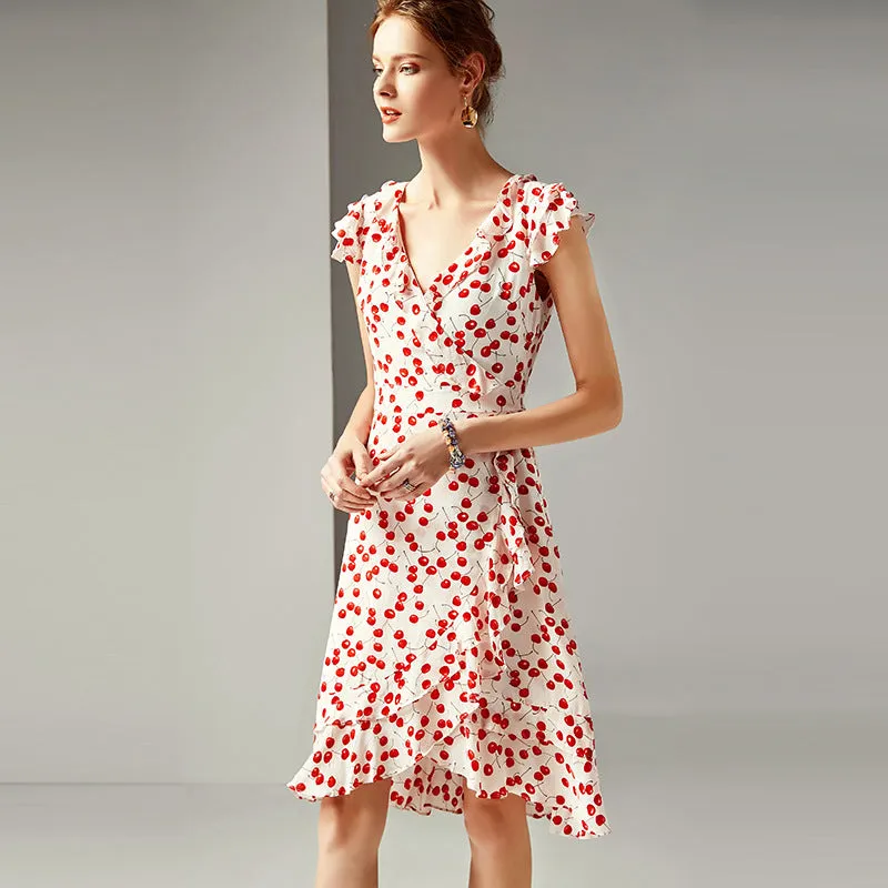 2023 Spring And Summer Women'S New Fashion V-Neck Ruffled Waist Slimming Silk Printed A-Line Dress