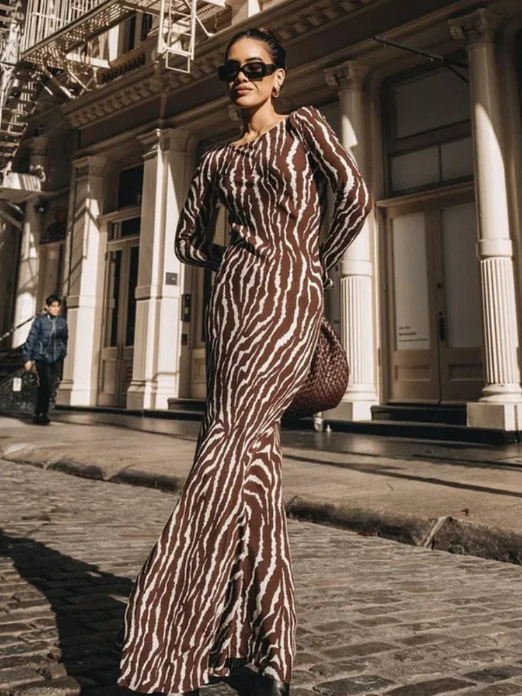 2024 Vintage Zebra Print Sexy Long Sleeve Party Maxi Dress