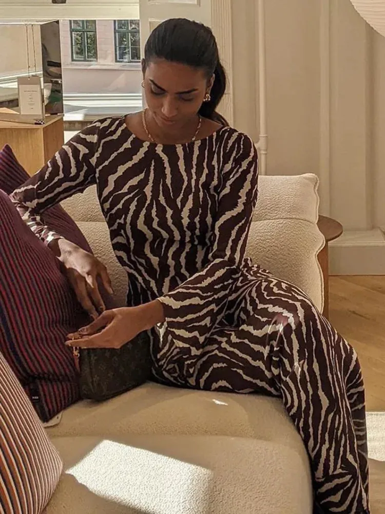 2024 Vintage Zebra Print Sexy Long Sleeve Party Maxi Dress