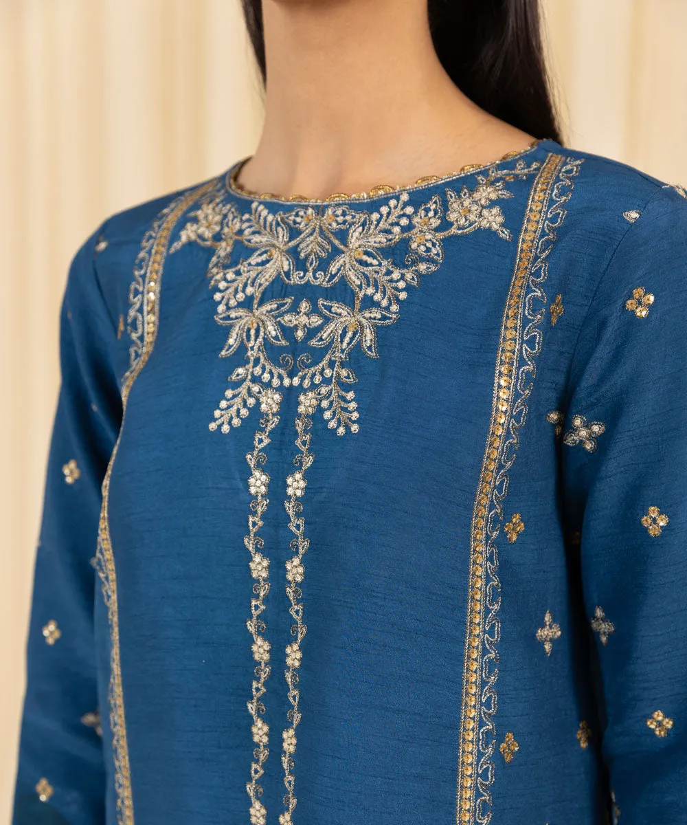 3 Piece -  Embroidered Raw Silk Suit