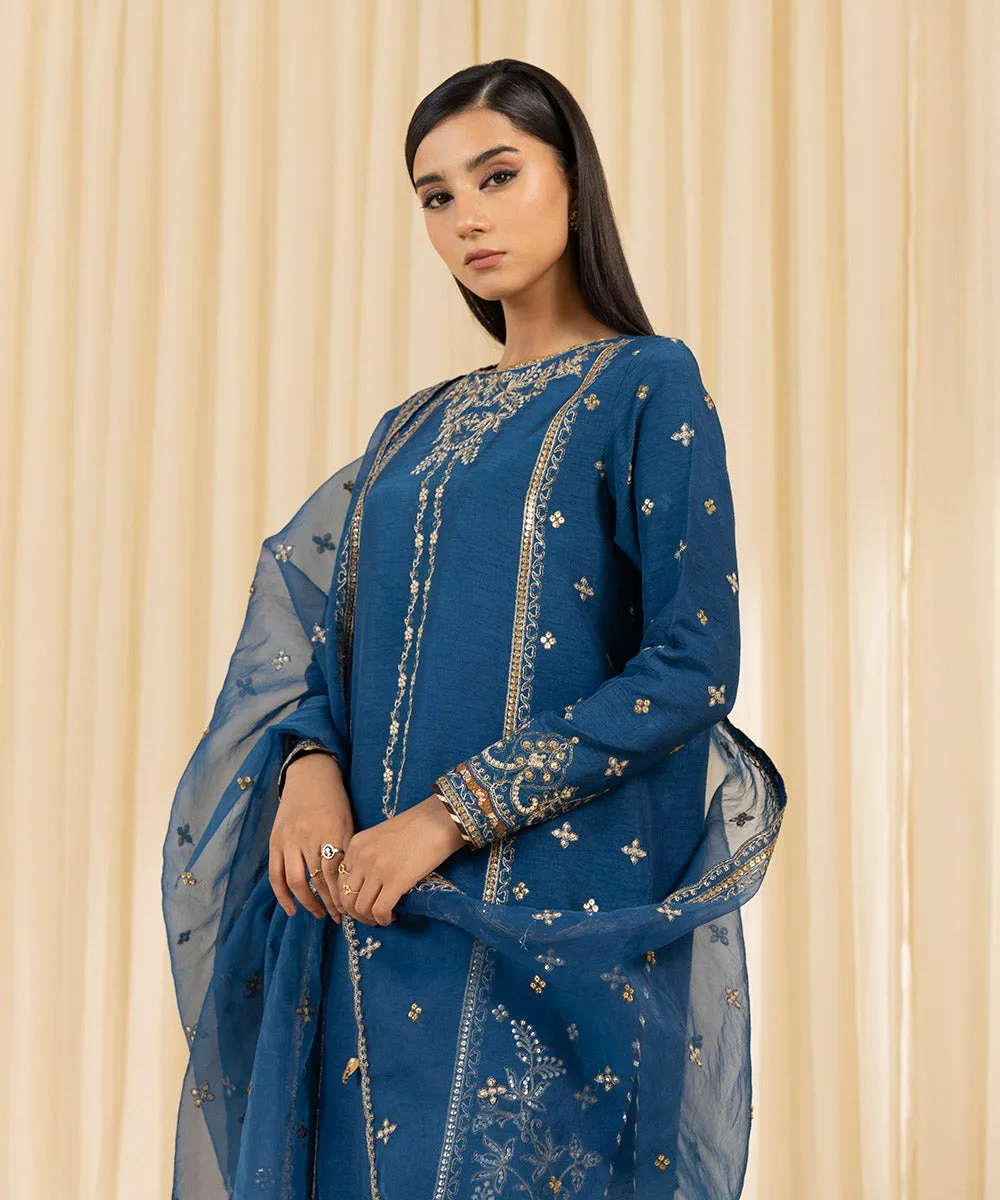 3 Piece -  Embroidered Raw Silk Suit