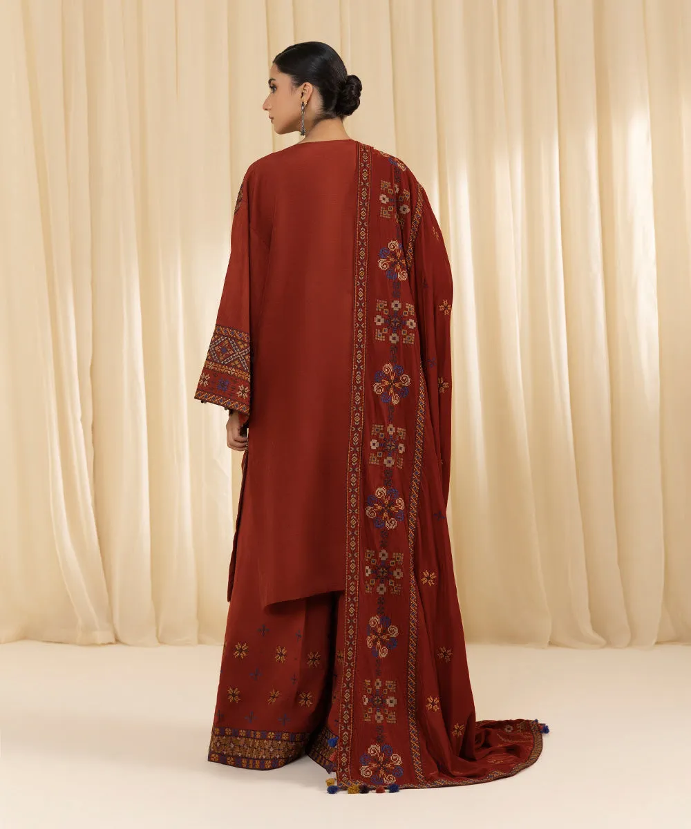 3 Piece -  Embroidered Raw Silk Suit