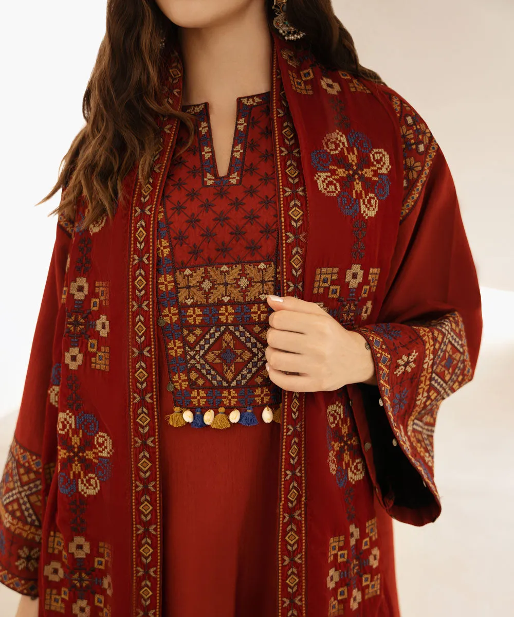 3 Piece -  Embroidered Raw Silk Suit