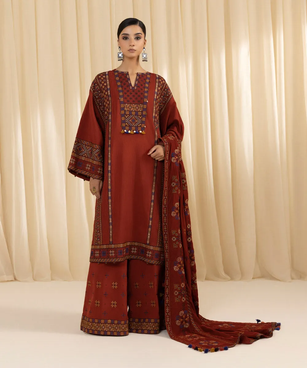 3 Piece -  Embroidered Raw Silk Suit