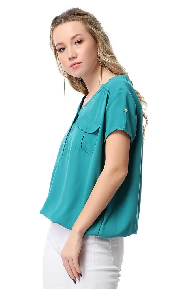 54413 V-Neck Short Sleeves Blouse With Elastic Trim - Sea Green