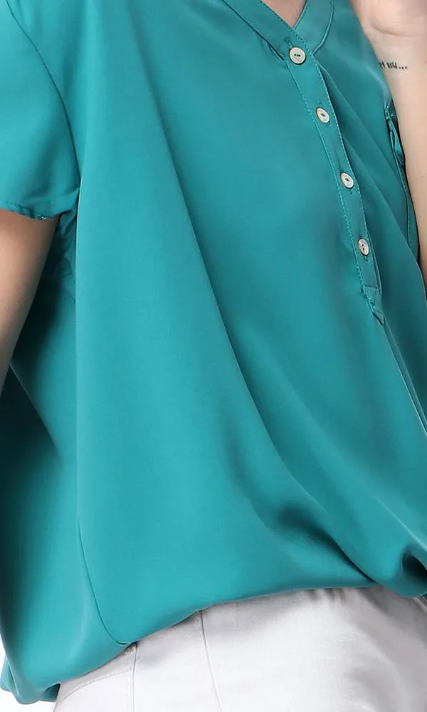 54413 V-Neck Short Sleeves Blouse With Elastic Trim - Sea Green