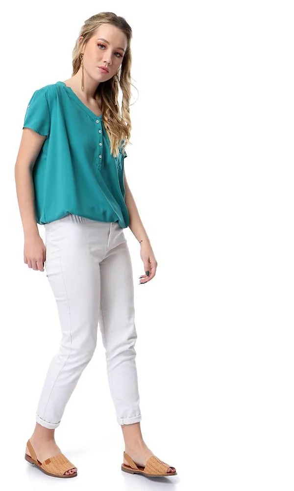 54413 V-Neck Short Sleeves Blouse With Elastic Trim - Sea Green