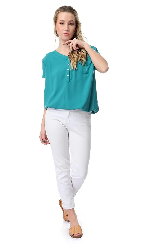 54413 V-Neck Short Sleeves Blouse With Elastic Trim - Sea Green