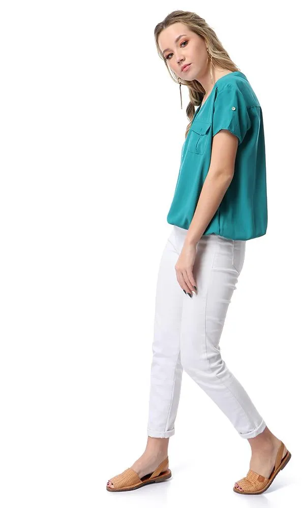 54413 V-Neck Short Sleeves Blouse With Elastic Trim - Sea Green