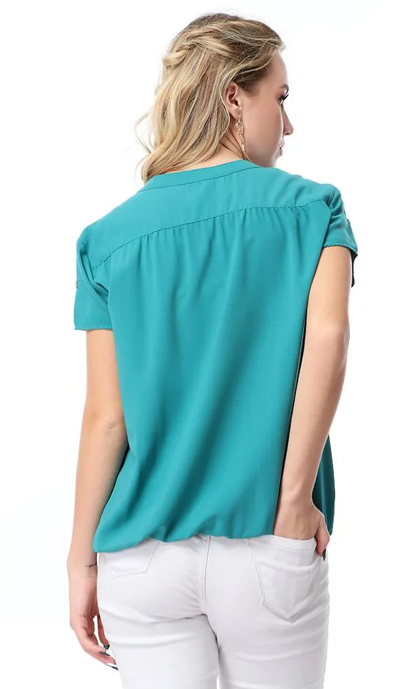 54413 V-Neck Short Sleeves Blouse With Elastic Trim - Sea Green