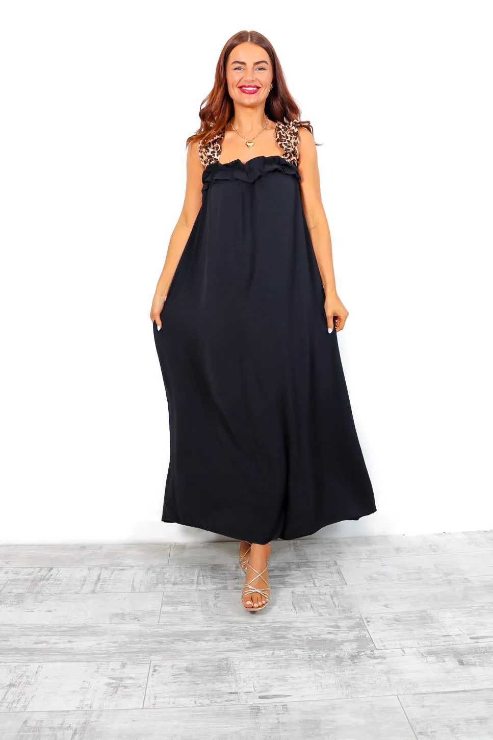 A Hint Of Wild - Black Leopard Strap Maxi Dress