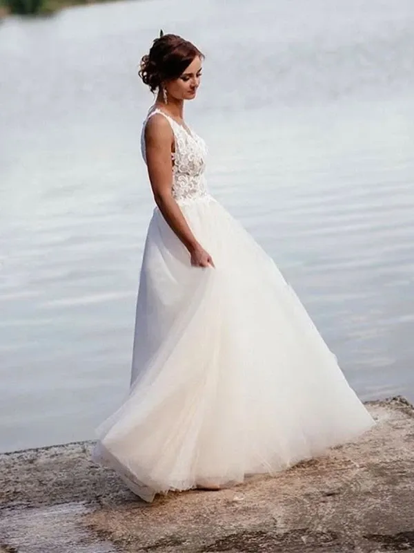 A-line Beach Custom Wedding Dress V Neck Tulle Cheap Boho Bride Dress ER2062