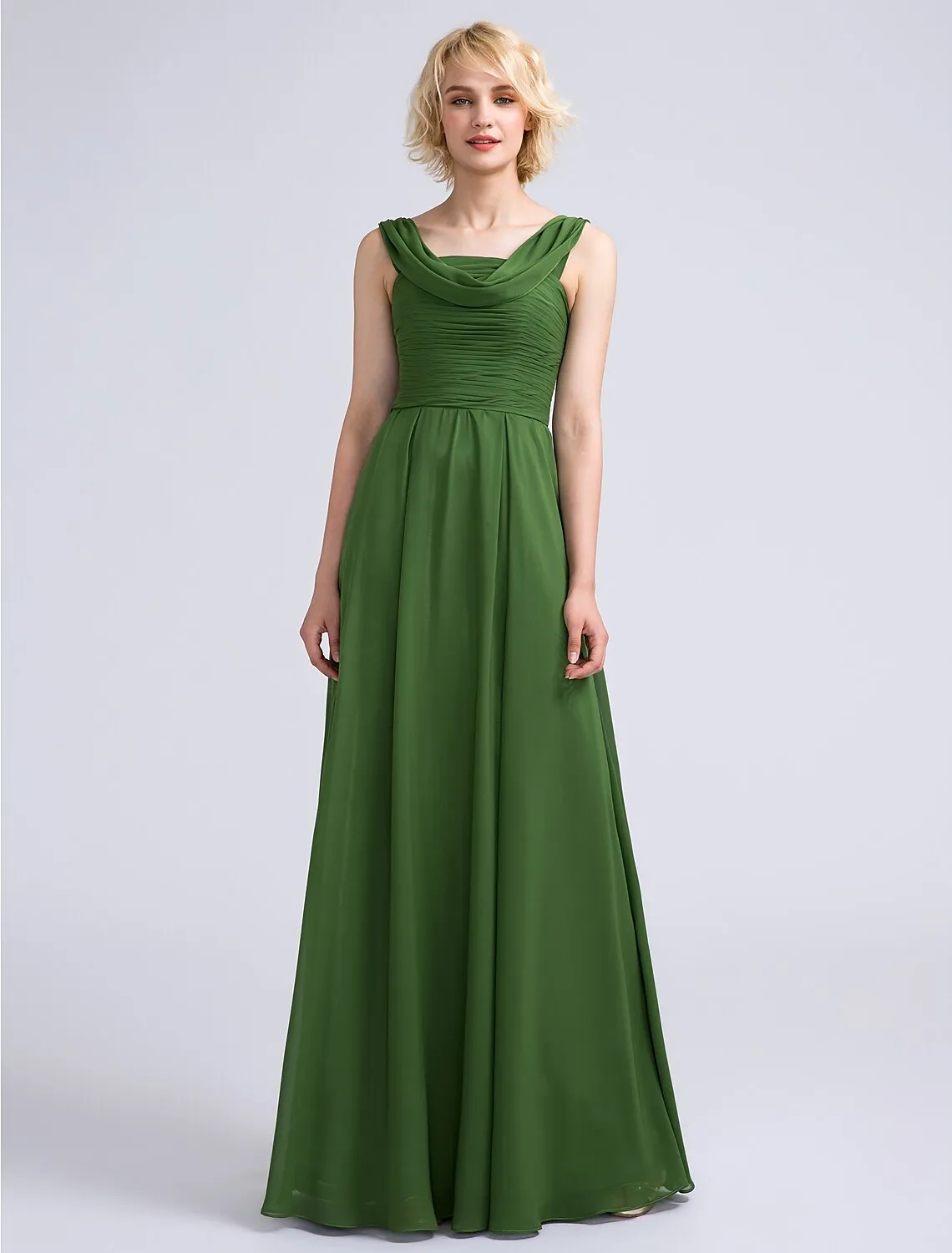 A-Line Bridesmaid Dress Cowl Neck Sleeveless Open Back Floor Length Chiffon with Ruched