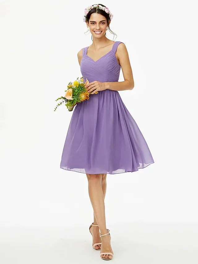 A-Line Bridesmaid Dress Straps Sleeveless Open Back Knee Length Chiffon with Sash  Ribbon  Bow(s)