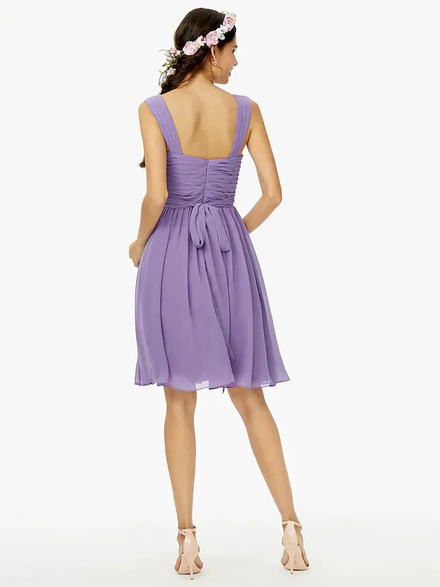 A-Line Bridesmaid Dress Straps Sleeveless Open Back Knee Length Chiffon with Sash  Ribbon  Bow(s)