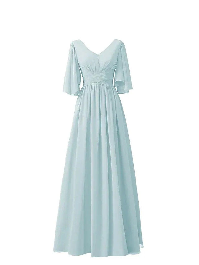 A-Line Bridesmaid Dress V Neck Half Sleeve Elegant Floor Length Chiffon with Pleats / Ruffles