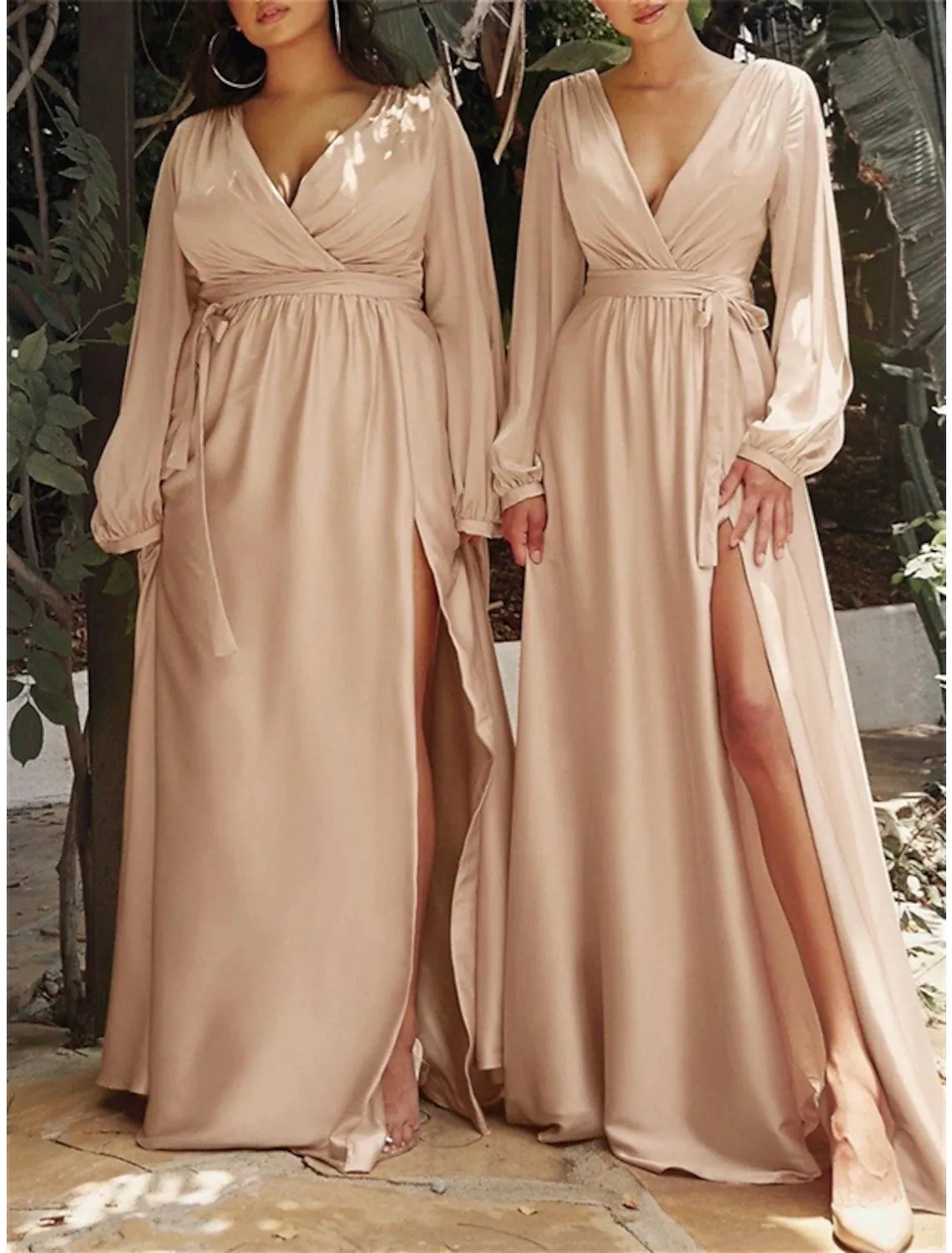 A-Line Bridesmaid Dress V Neck Long Sleeve Blue Floor Length Chiffon with Split Front / Ruching