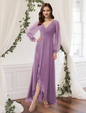 A-Line Bridesmaid Dress V Neck Long Sleeve Elegant Floor Length Chiffon with Pleats