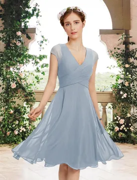 A-Line Bridesmaid Dress V Neck Short Sleeve Elegant Knee Length Chiffon with Pleats  Ruching