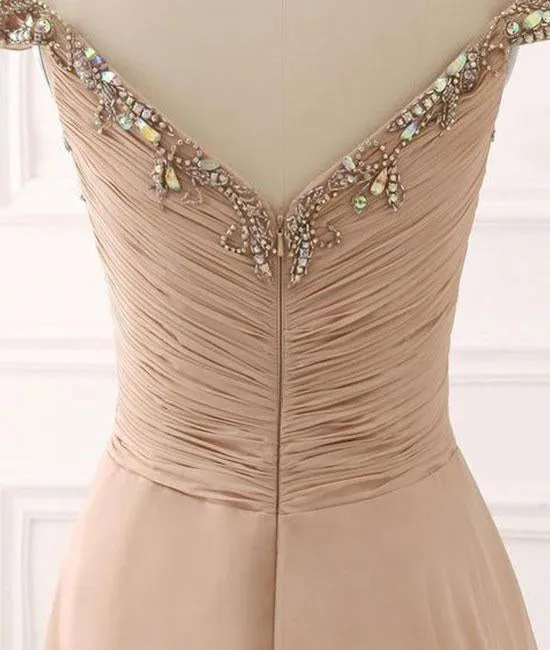 A Line Chiffon Sweetheart Off the Shoulder Beads Open Back Cheap Prom Dresses JS148