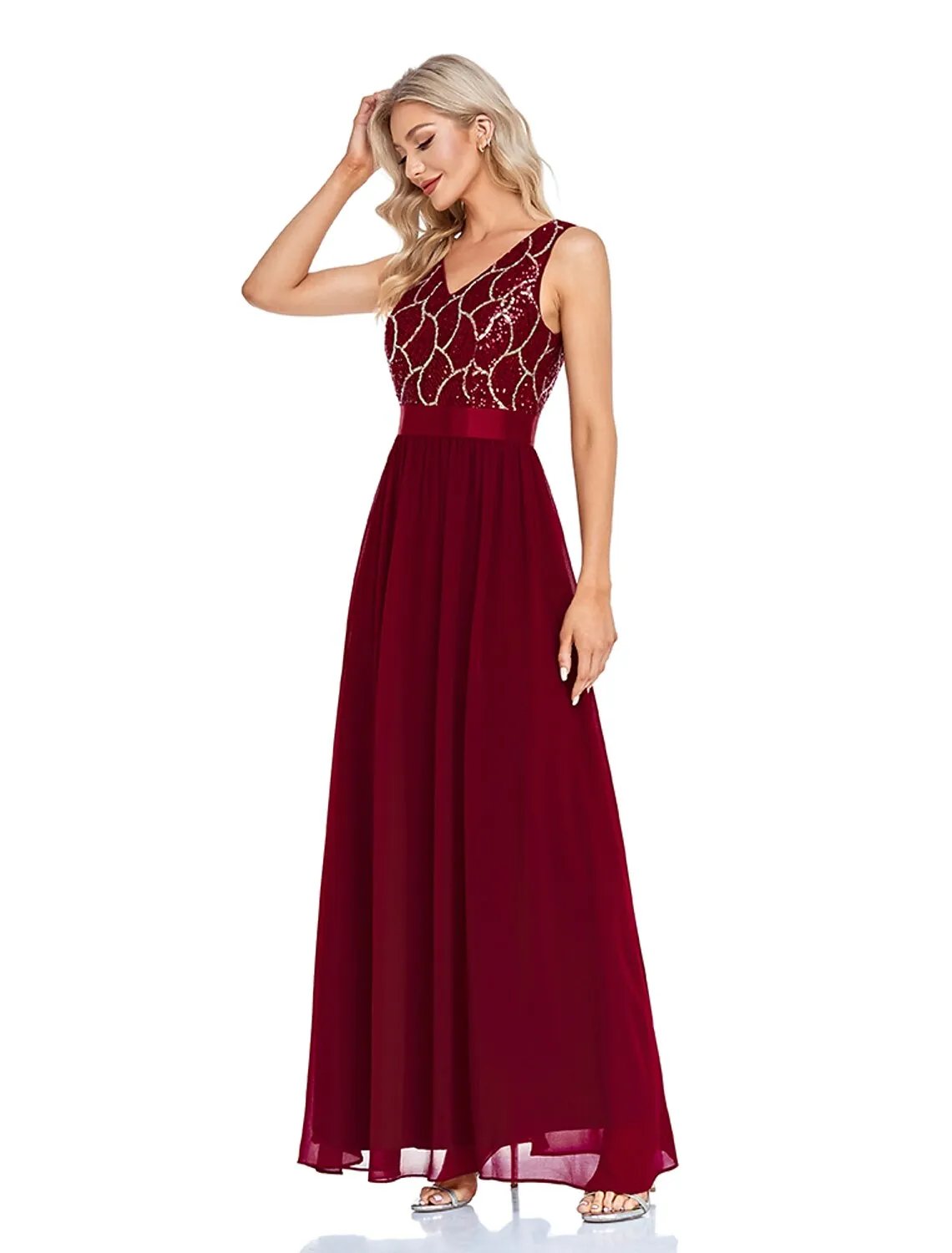 A-Line Evening Gown Sparkle & Shine Dress Wedding Guest Prom Floor Length Sleeveless V Neck Bridesmaid Dress Chiffon V Back with Sequin Splicing