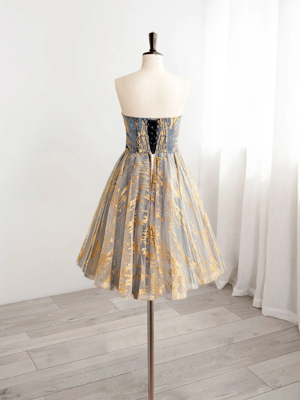 A-Line Gold/Blue Lace  Short Prom Dress, Cute Homecoming Dress with Beading