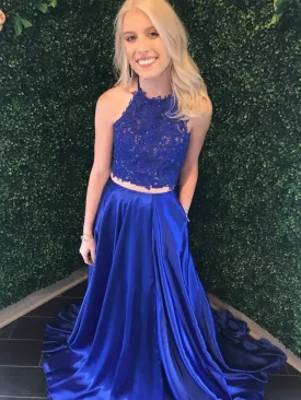 A Line Halter Neck Two Pieces Royal Blue Lace Top Prom Dresses, Two Pieces Lace Royal Blue Formal Dresses, Royal Blue Lace Evening Dresses