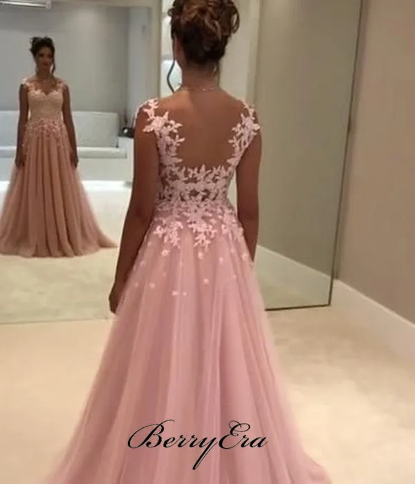 A-line Lace Evening Party Prom Dresses, Chiffon Lace Popular Prom Dresses