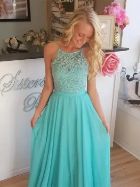 A Line Long Aqua Lace Prom, Aqua Lace Formal Graduation Evening