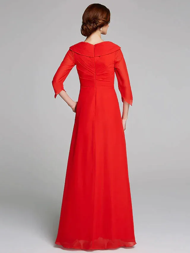 A-Line Mother of the Bride Dress Elegant V Neck Floor Length Chiffon Half Sleeve with Pleats Appliques