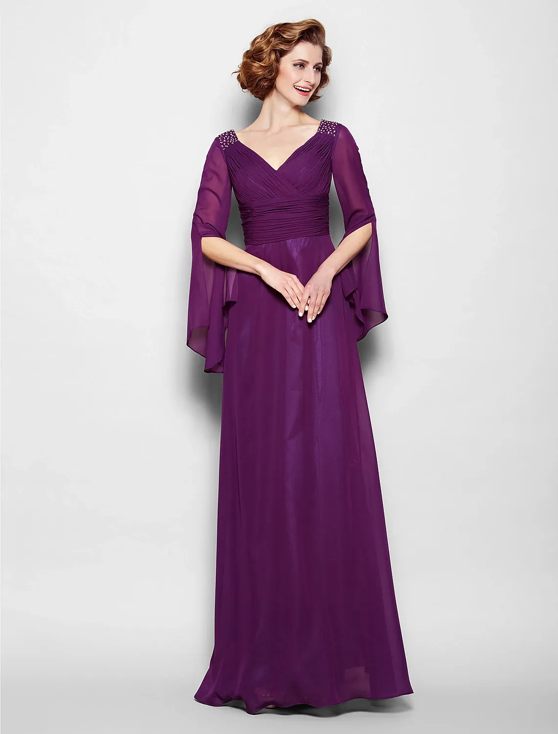 A-Line Mother of the Bride Dress Vintage Inspired V Neck Floor Length Chiffon Long Sleeve No with Criss Cross Ruched Beading