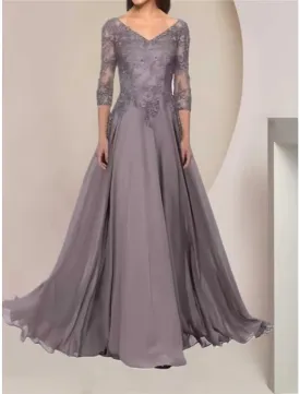 A-Line Mother of the Bride Dress Wedding Guest Elegant V Neck Floor Length Chiffon Lace Half Sleeve with Ruching Solid Color