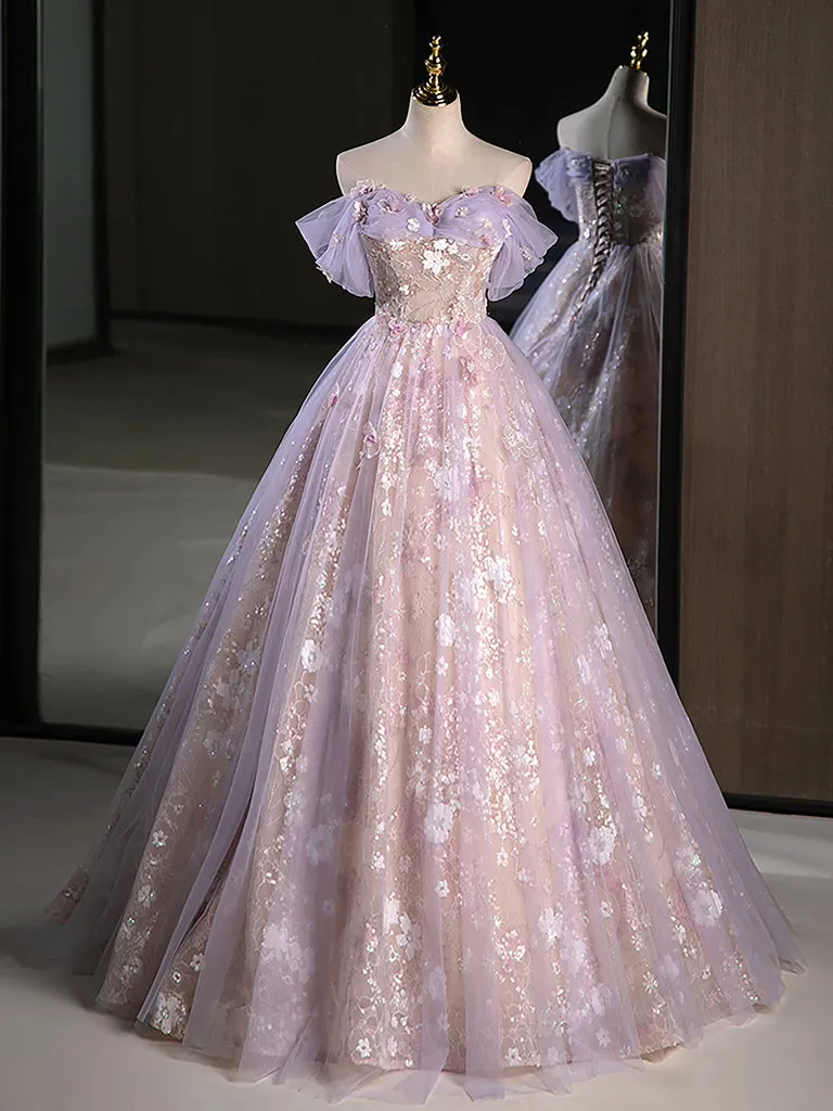 A-Line Off Shoulder Tulle Lace Purple Long Prom Dress, Purple Formal Dress