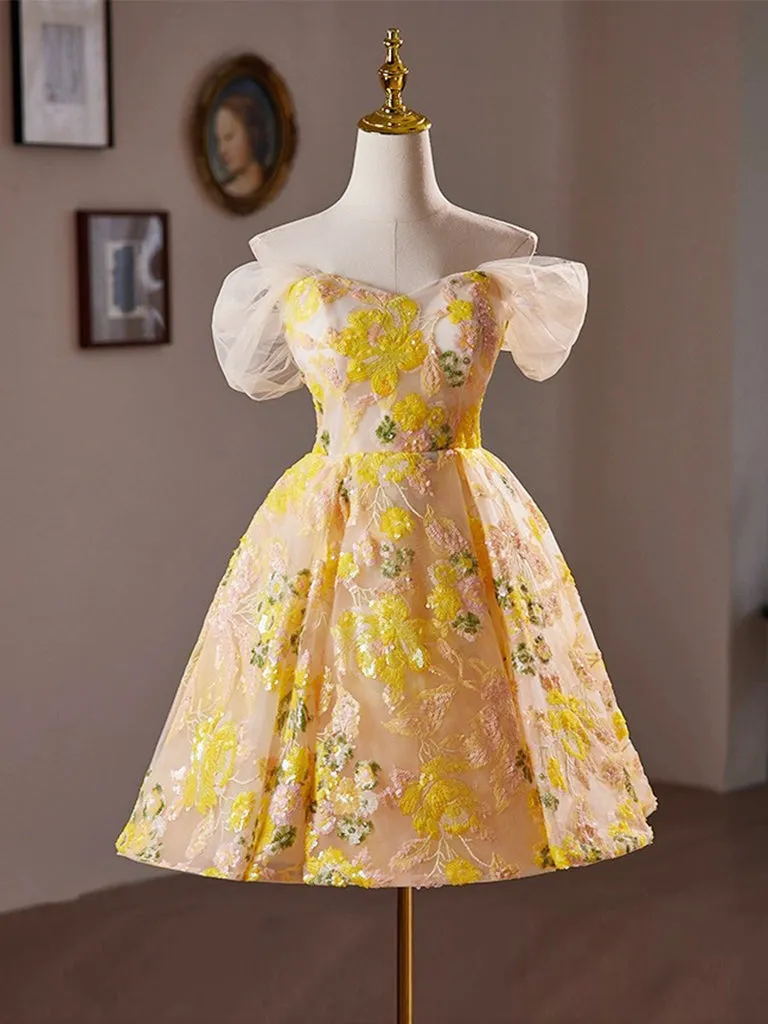 A-Line Off Shoulder Tulle Lace Short Yellow Prom Dress, Yellow Homecoming Dress