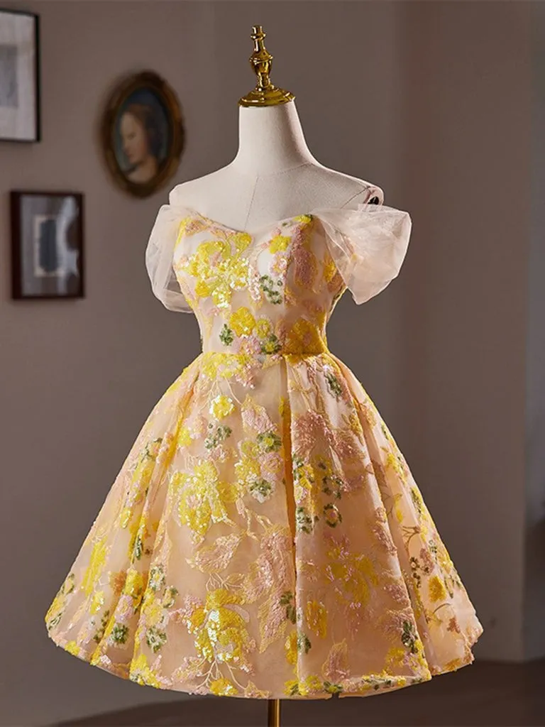 A-Line Off Shoulder Tulle Lace Short Yellow Prom Dress, Yellow Homecoming Dress