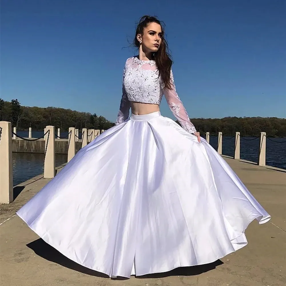 A Line Round Neck Long Sleeves 2 Pieces White Lace Prom Dresses, Two Pieces White Lace Long Sleeves Formal Evening Dresses