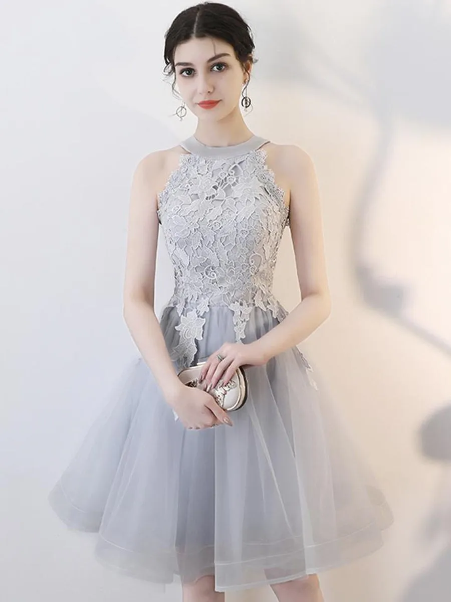 A Line Short Gray Lace Prom Dresses with Appliques, Gray Lace Formal Graduation Homecoming Dresses