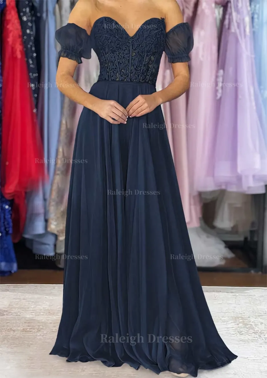 A-line Sweetheart Strapless Long/Floor-Length Chiffon Prom Dress with Detachable Balloon Sleeves