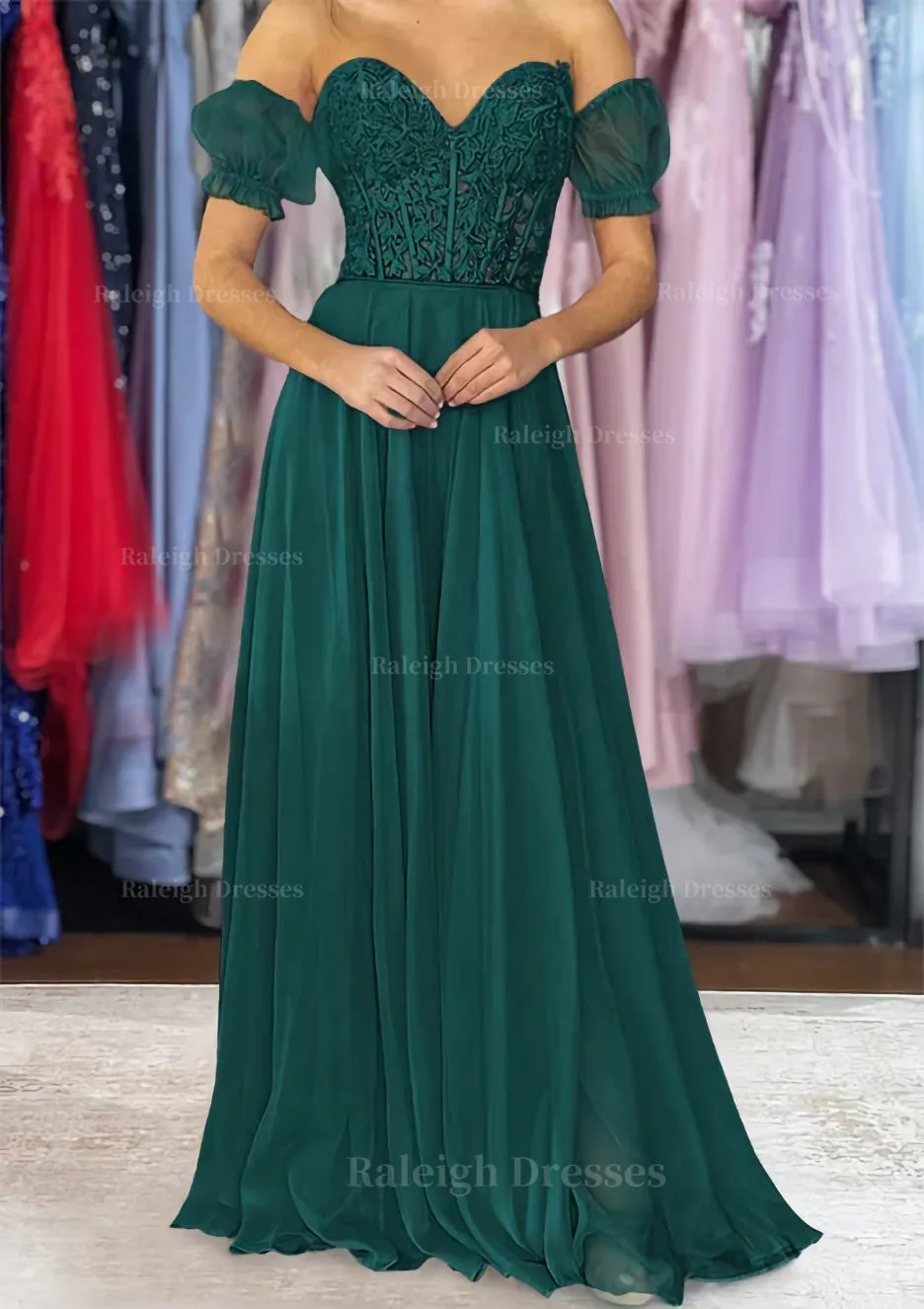 A-line Sweetheart Strapless Long/Floor-Length Chiffon Prom Dress with Detachable Balloon Sleeves