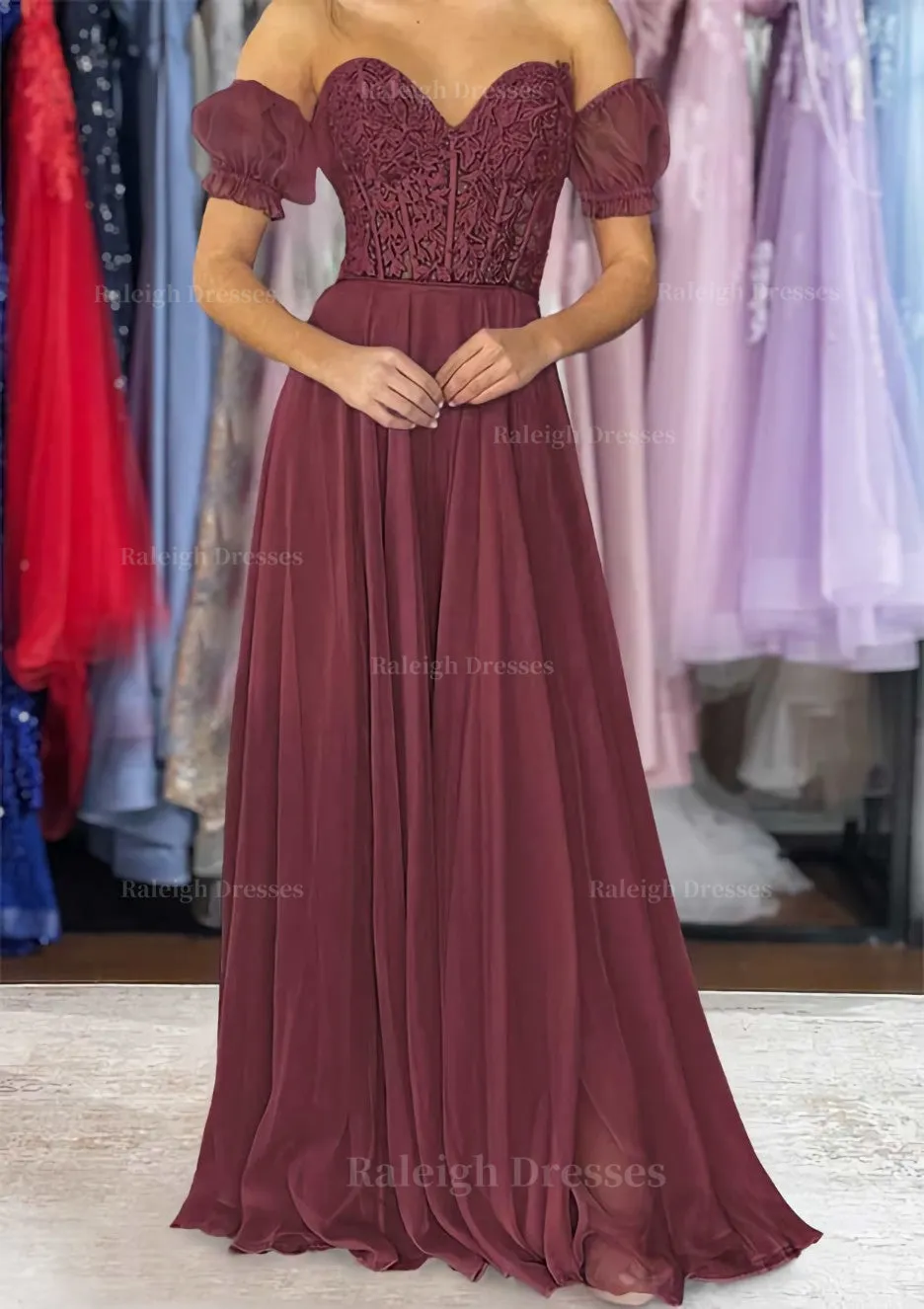 A-line Sweetheart Strapless Long/Floor-Length Chiffon Prom Dress with Detachable Balloon Sleeves