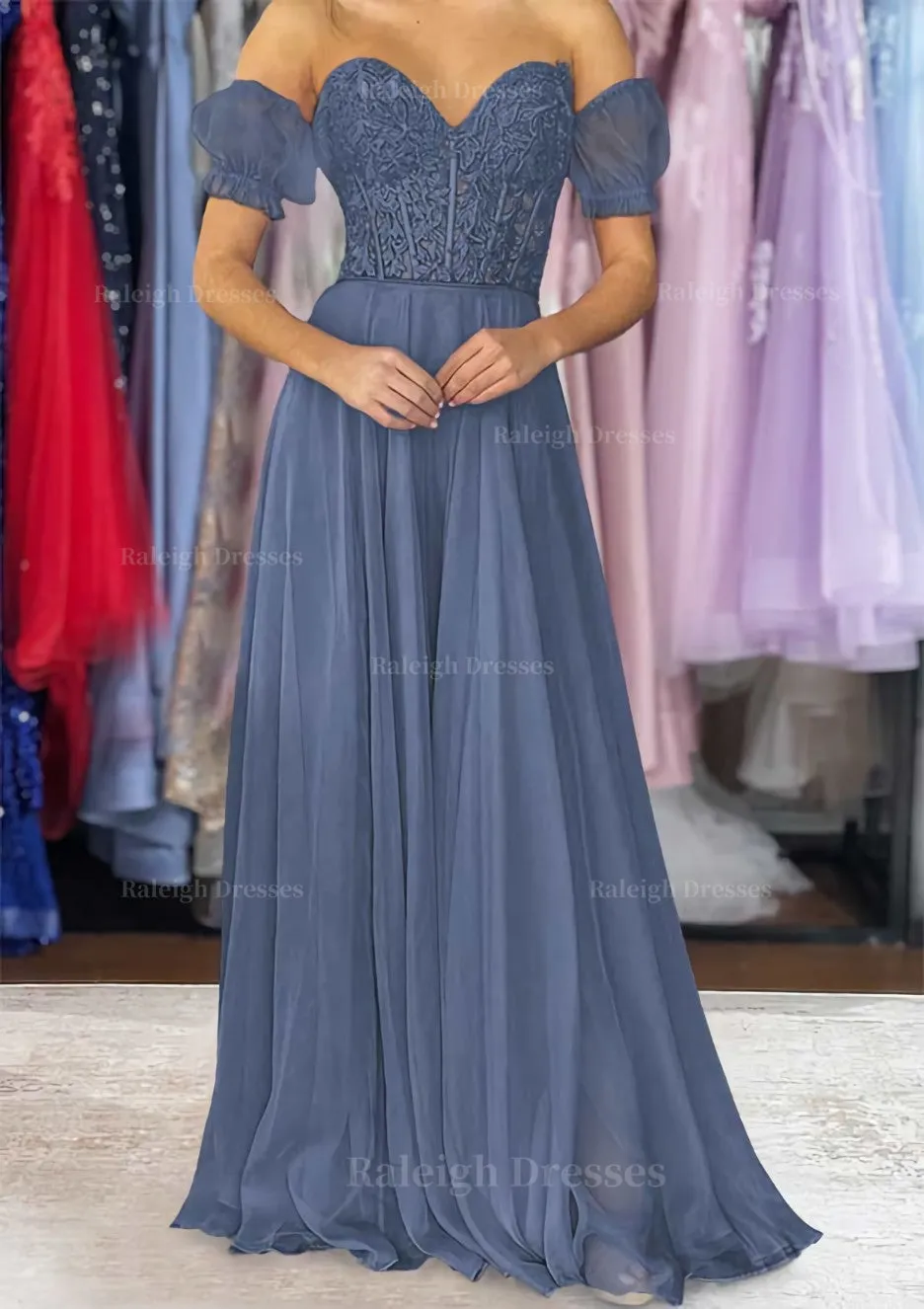 A-line Sweetheart Strapless Long/Floor-Length Chiffon Prom Dress with Detachable Balloon Sleeves