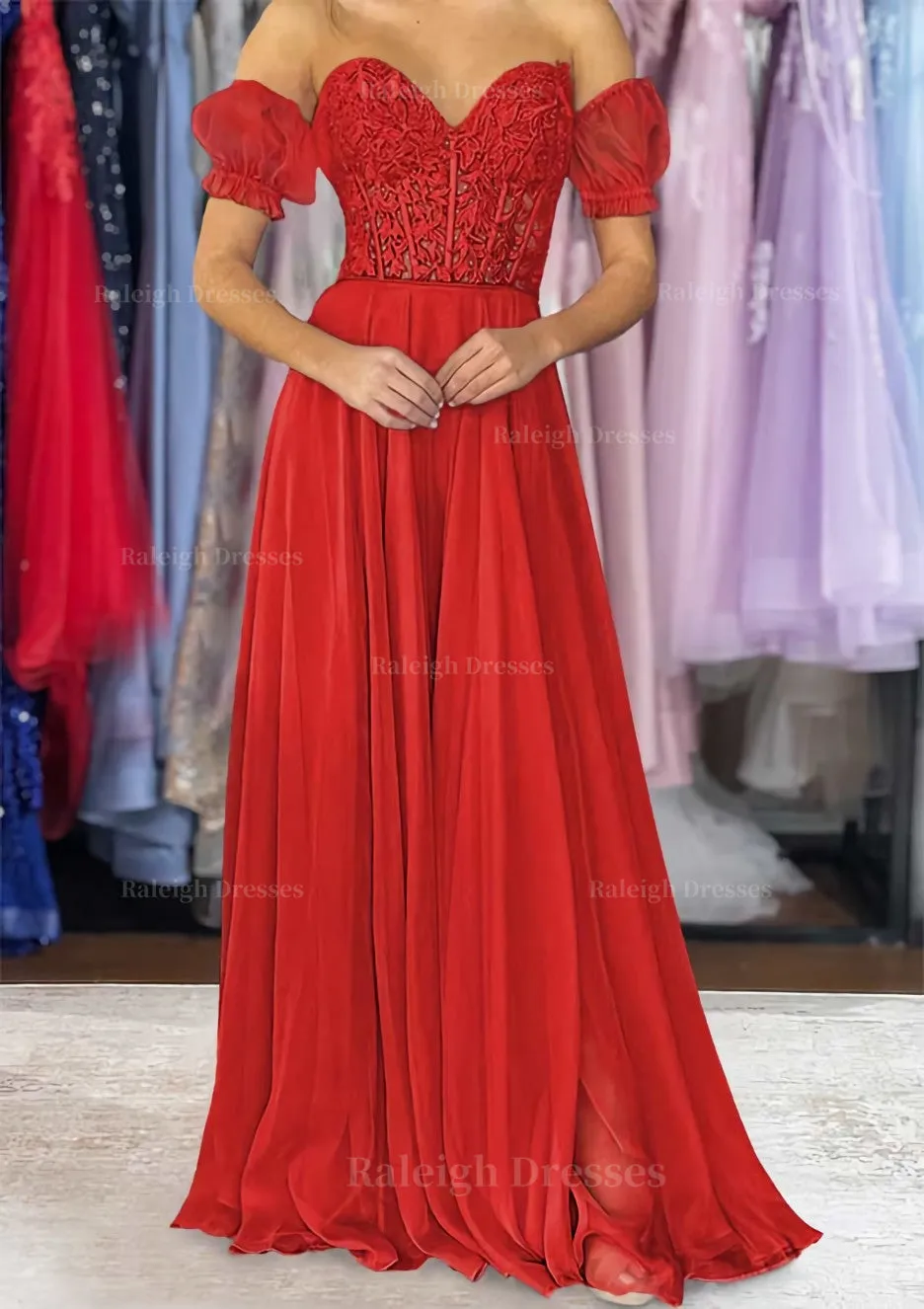 A-line Sweetheart Strapless Long/Floor-Length Chiffon Prom Dress with Detachable Balloon Sleeves