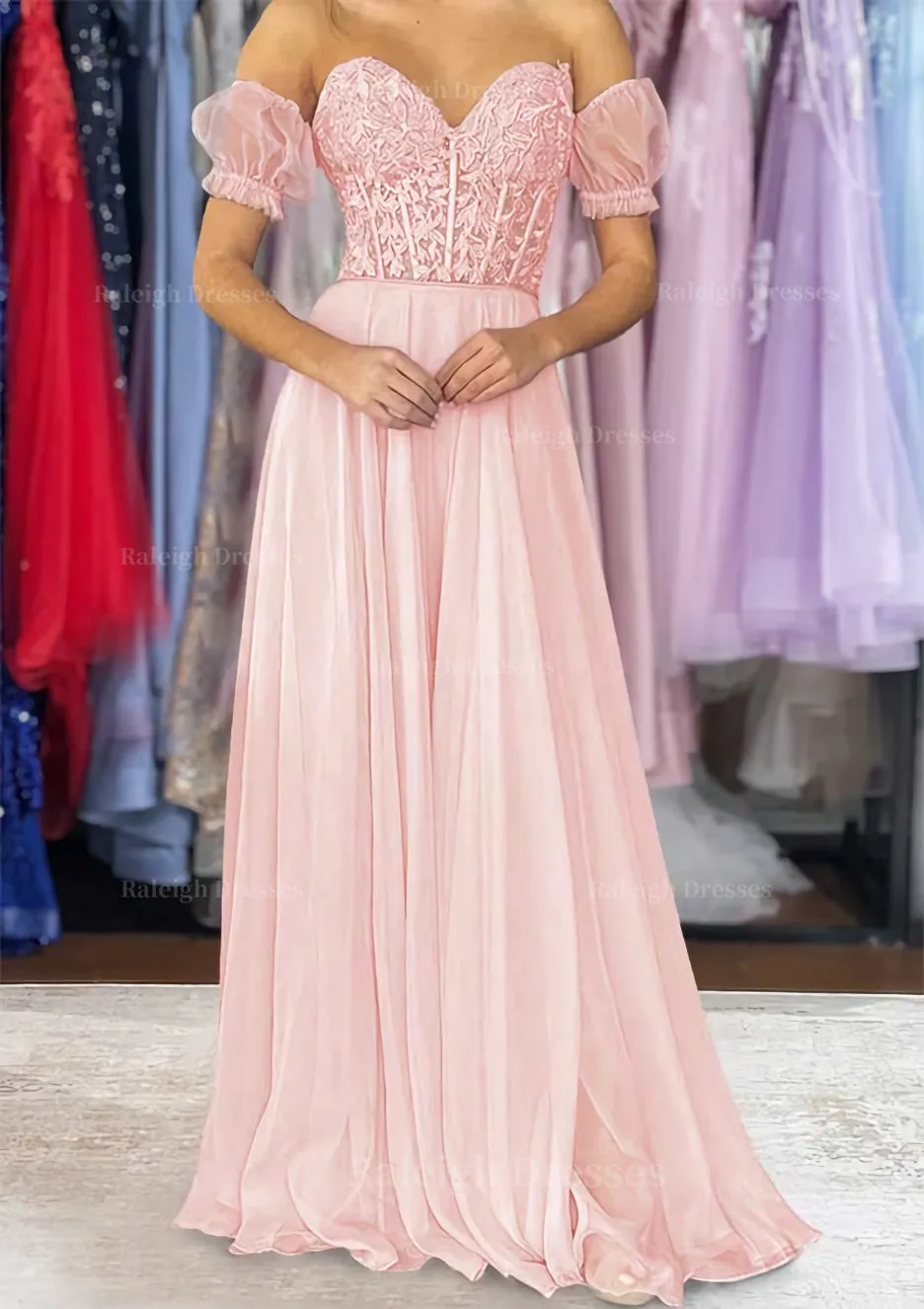 A-line Sweetheart Strapless Long/Floor-Length Chiffon Prom Dress with Detachable Balloon Sleeves