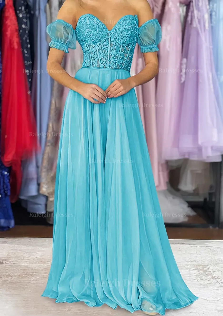 A-line Sweetheart Strapless Long/Floor-Length Chiffon Prom Dress with Detachable Balloon Sleeves