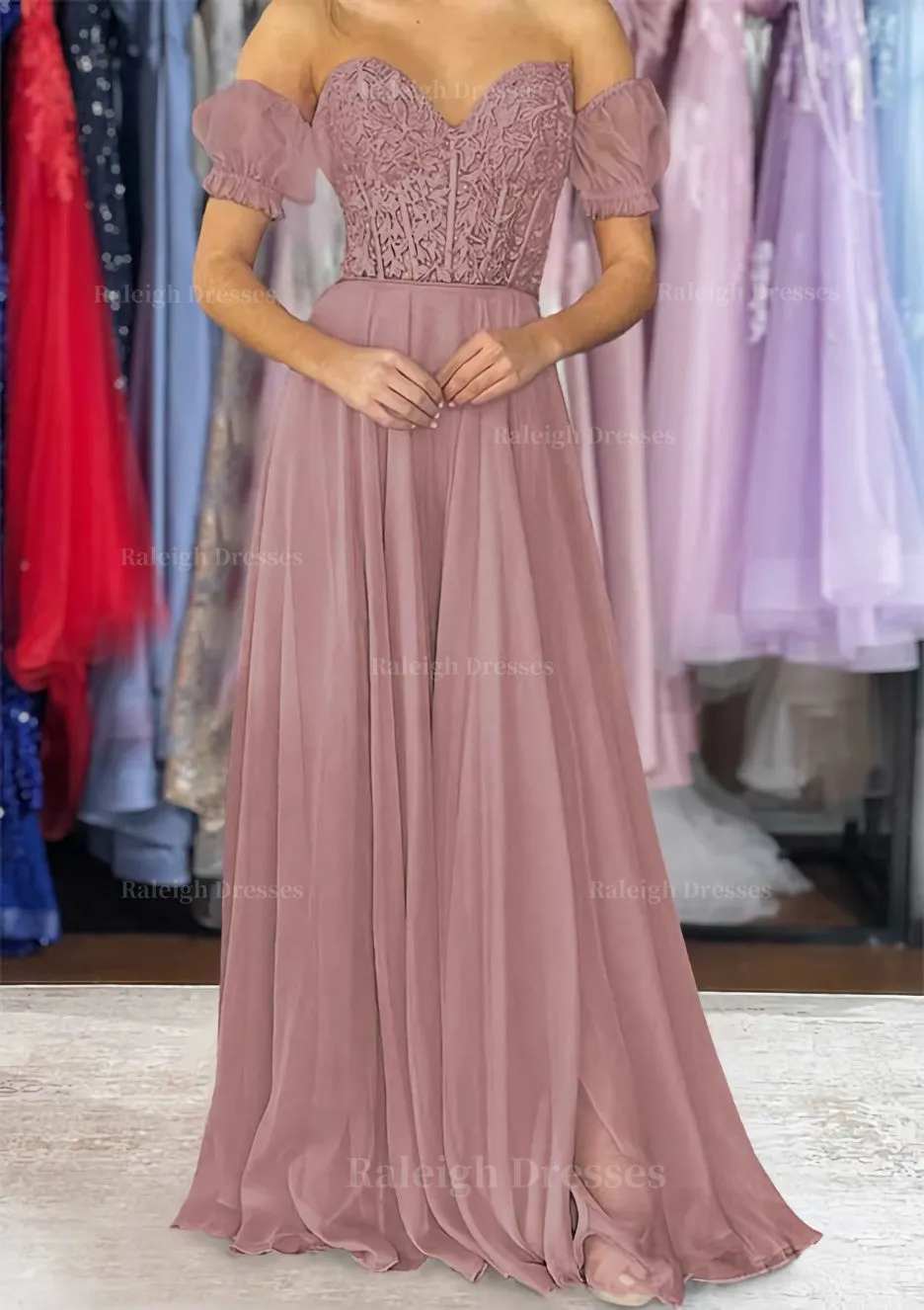 A-line Sweetheart Strapless Long/Floor-Length Chiffon Prom Dress with Detachable Balloon Sleeves