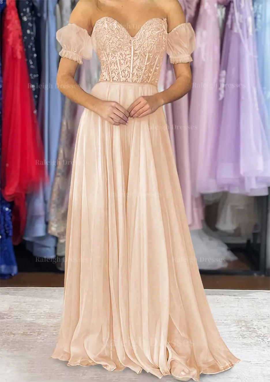 A-line Sweetheart Strapless Long/Floor-Length Chiffon Prom Dress with Detachable Balloon Sleeves